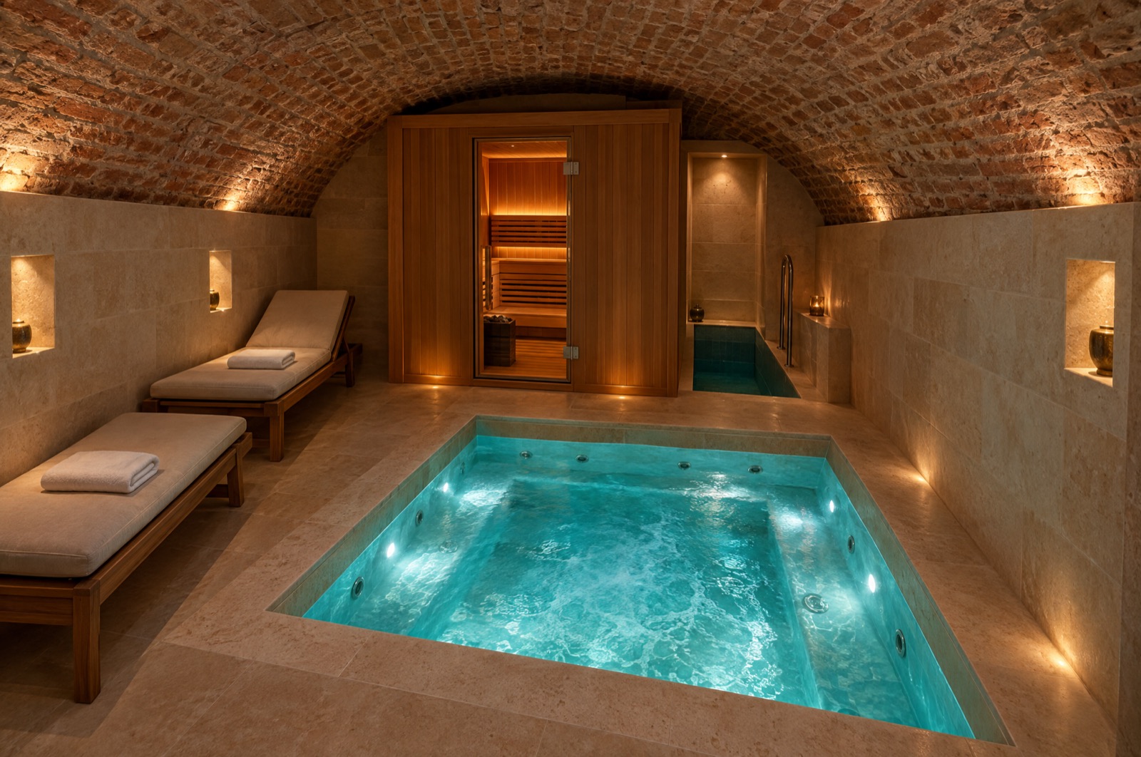 Private residents' spa in the vaulted brick basement: a sunken jacuzzi lit from beneath, exposed barrel vaults, a cedar sauna and teak loungers