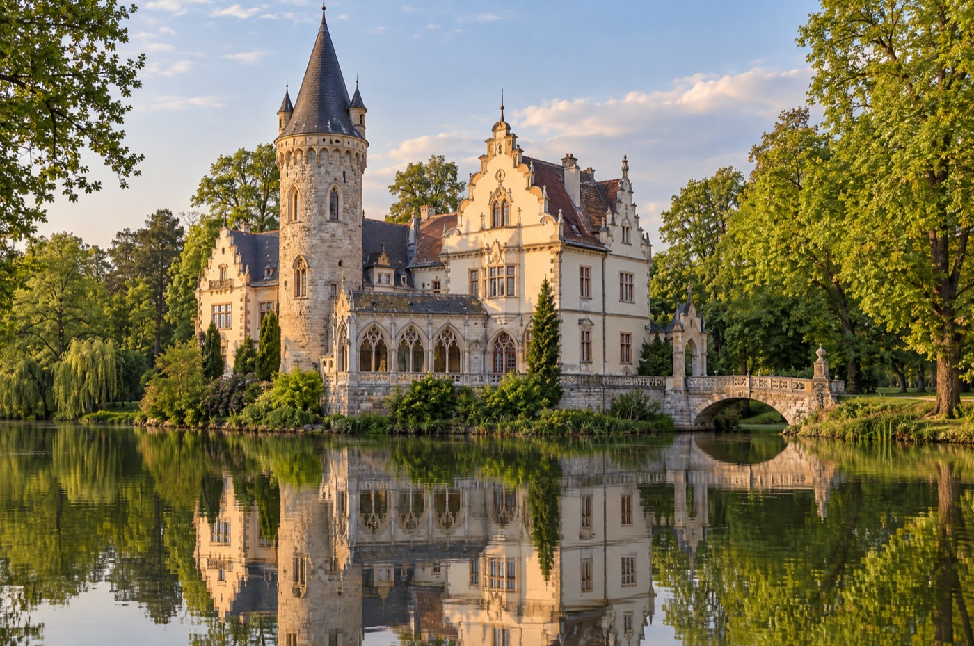 Vajdahunyad Castle reflected in the park lake