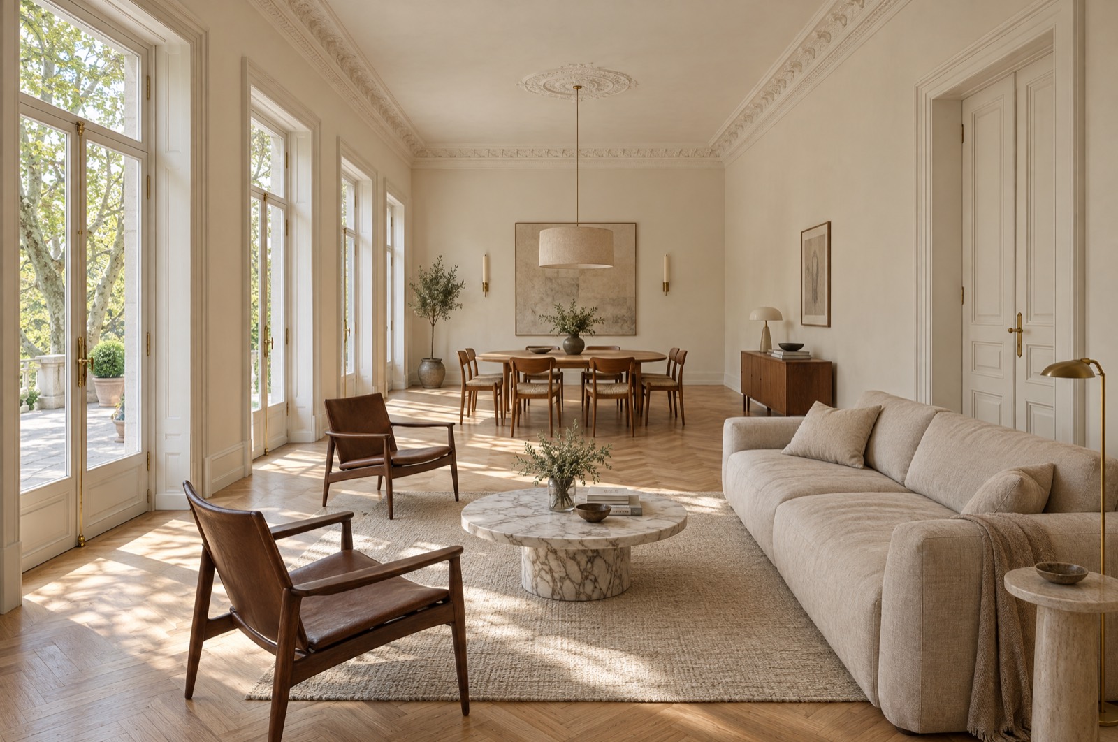 Grand living and dining room with 3.6 metre ceilings, restored cornice and three tall French windows