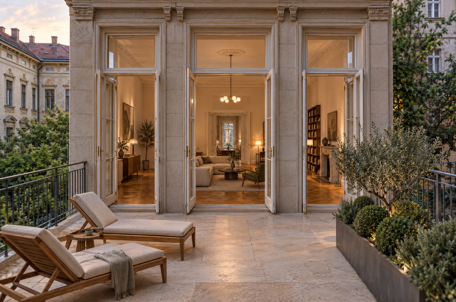 The piano nobile terrace at dusk, looking back through three tall open French doors into the lit reception