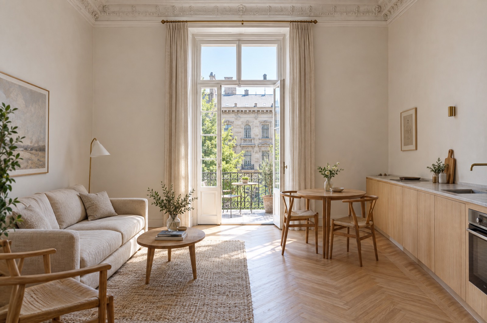 Compact open living and dining room with one very tall window onto a narrow balcony