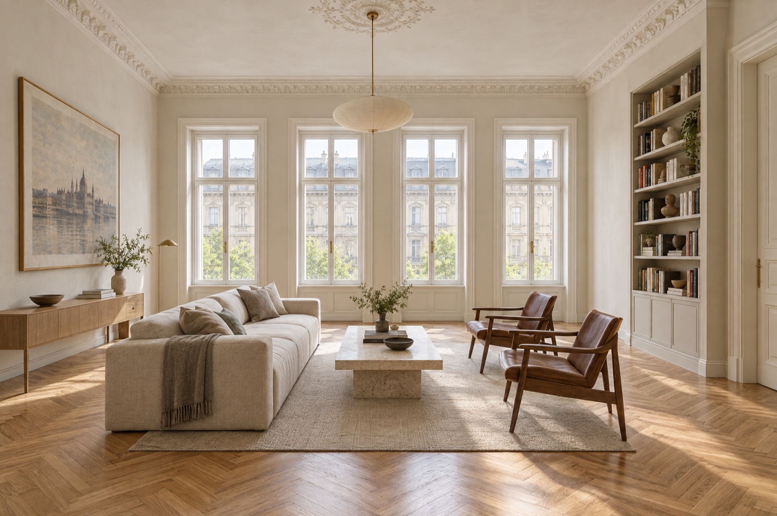 Living room with four tall windows in a row along the street façade, cornice and ceiling rose