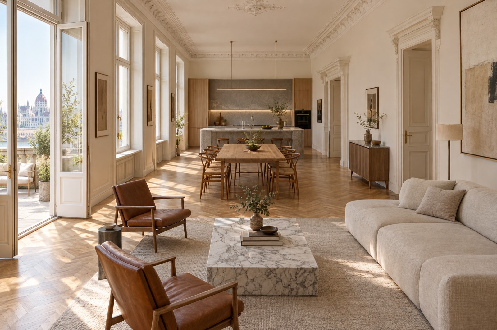 Long combined living, dining and kitchen room with three tall windows onto a terrace