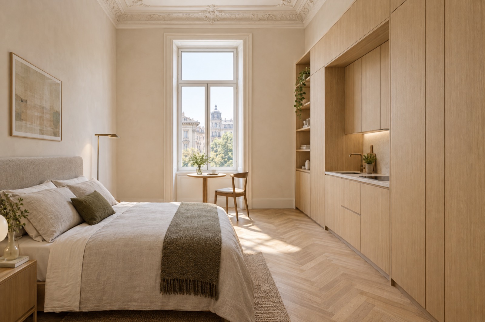 Compact studio with fitted oak joinery wall, bed and one tall window under a 3.5 metre ceiling