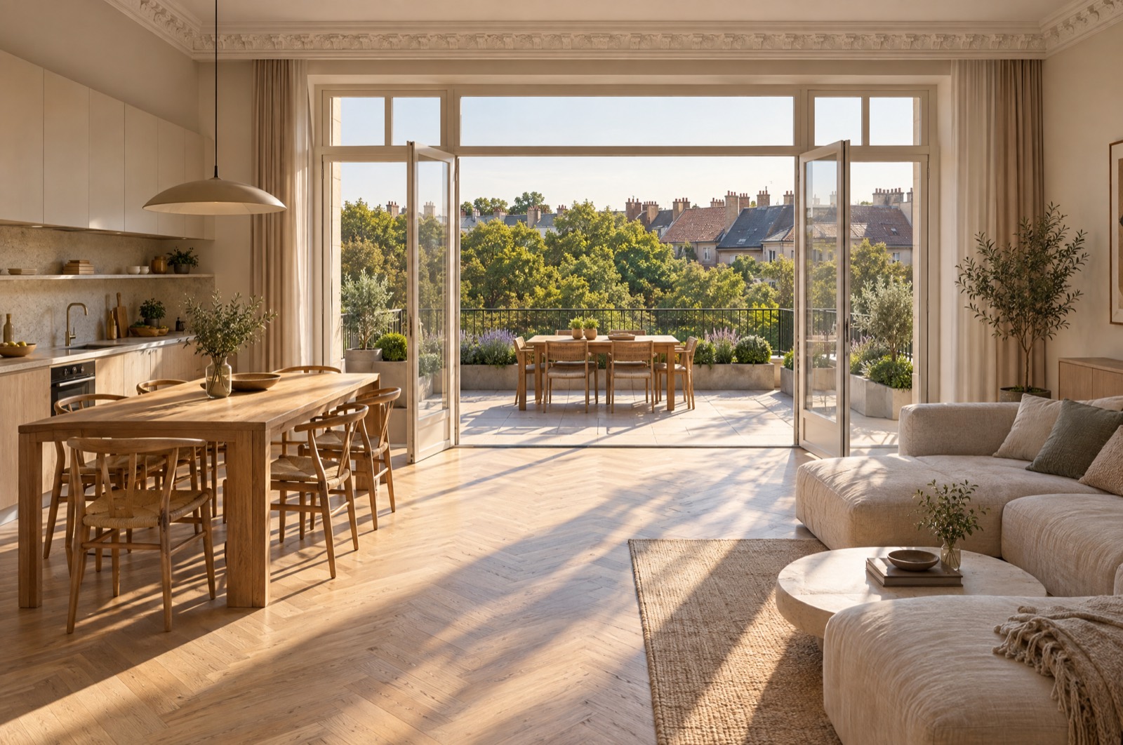 Open living, dining and kitchen room opening onto a large private roof terrace over treetops and rooftops