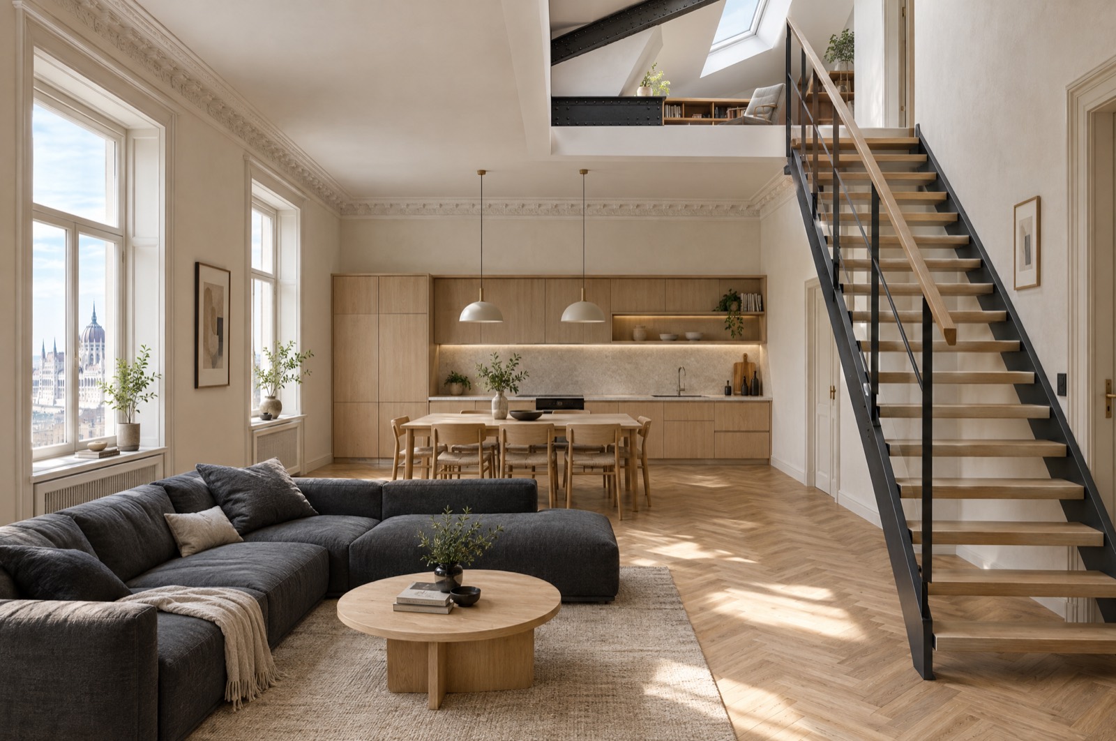 Duplex lower level with a blackened steel and oak stair rising into the mansard above