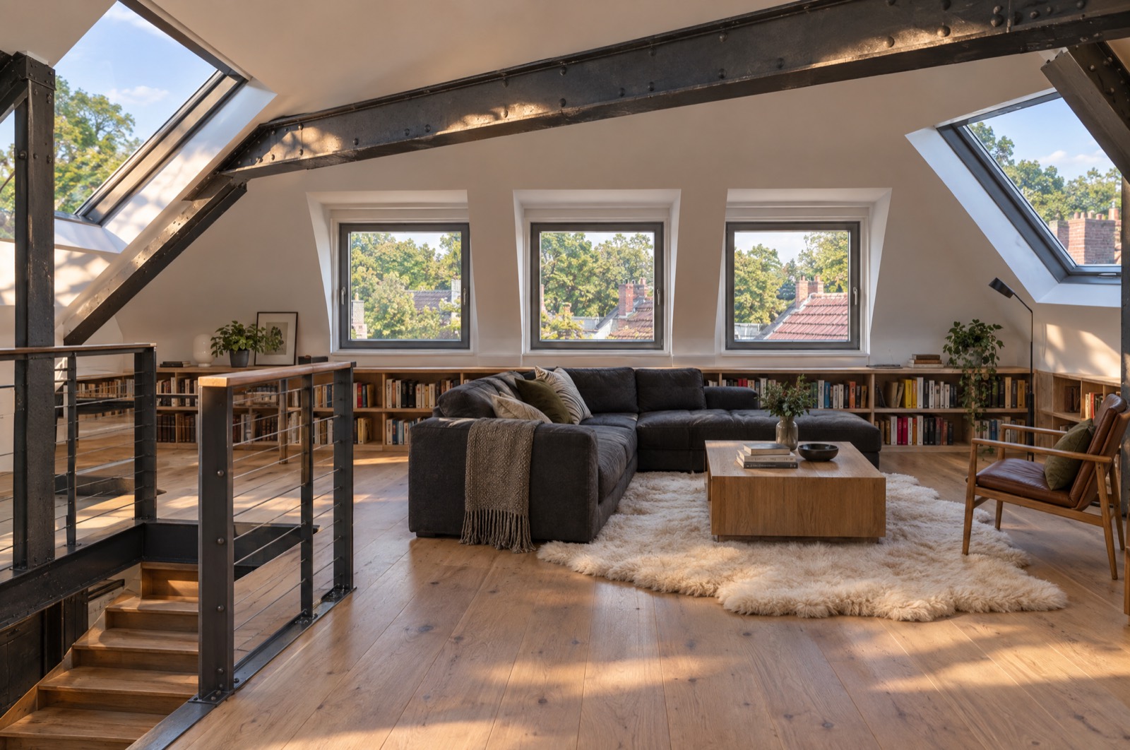 Mansard living room with sloping white ceilings, dormer windows and exposed dark steel roof beams