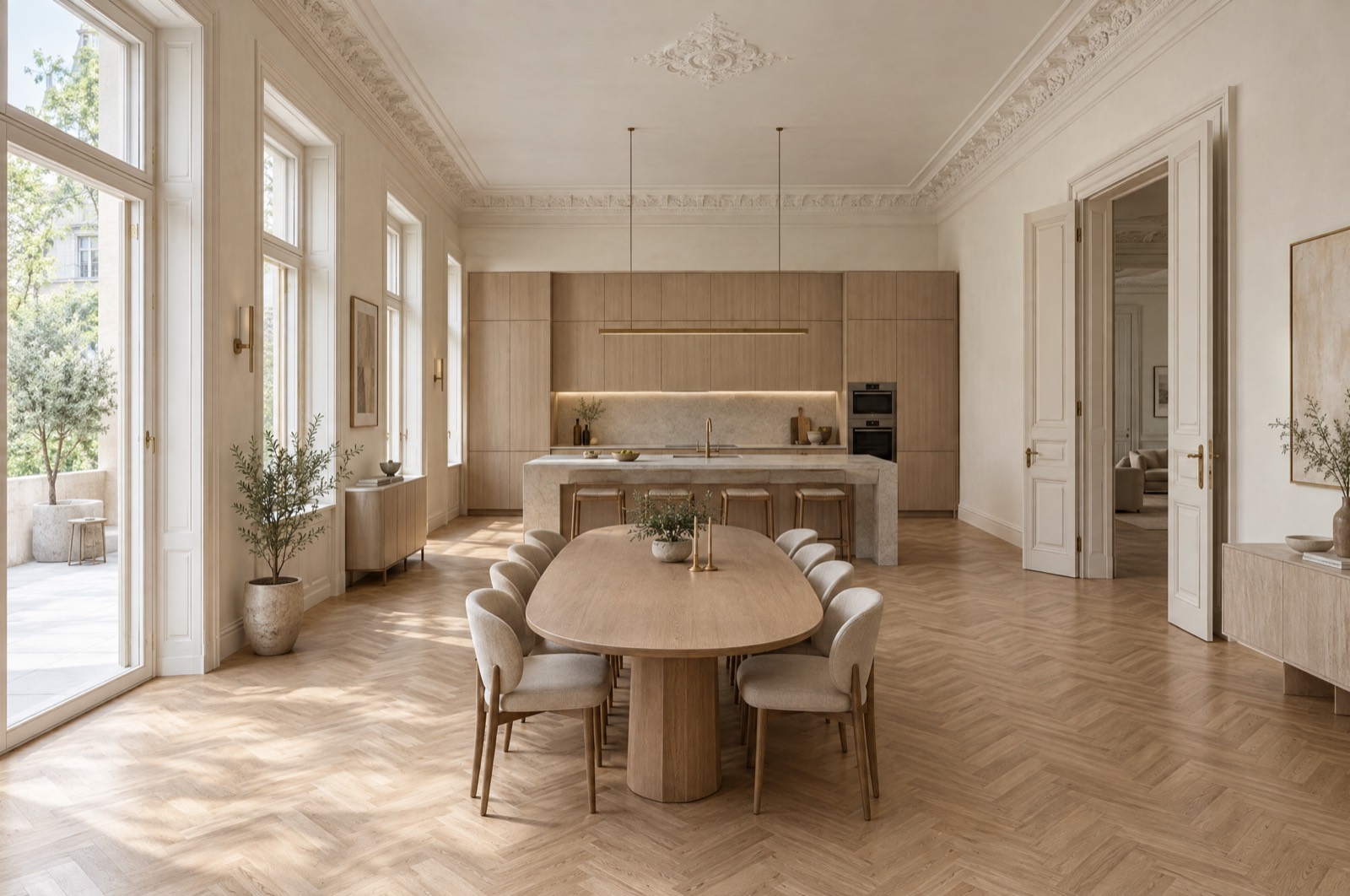 Open kitchen and dining room with pale oak island, herringbone parquet and tall windows onto a terrace