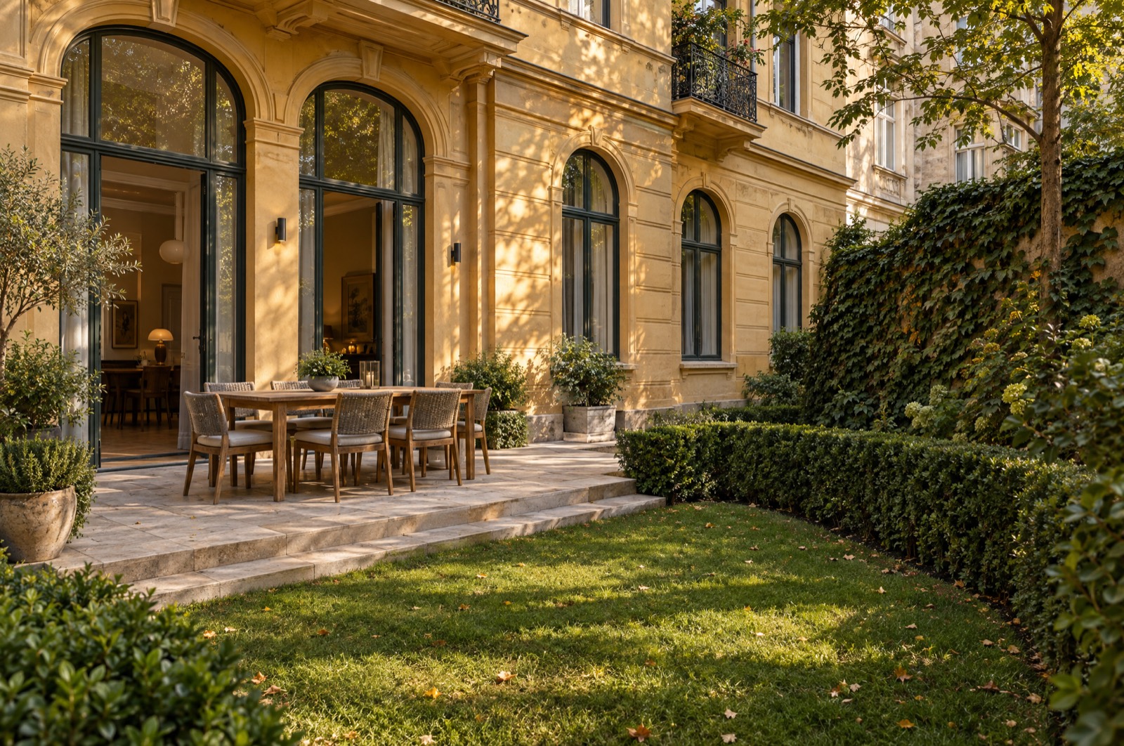 Private walled garden terrace in limestone paving with an oak dining table, hedging and ivy