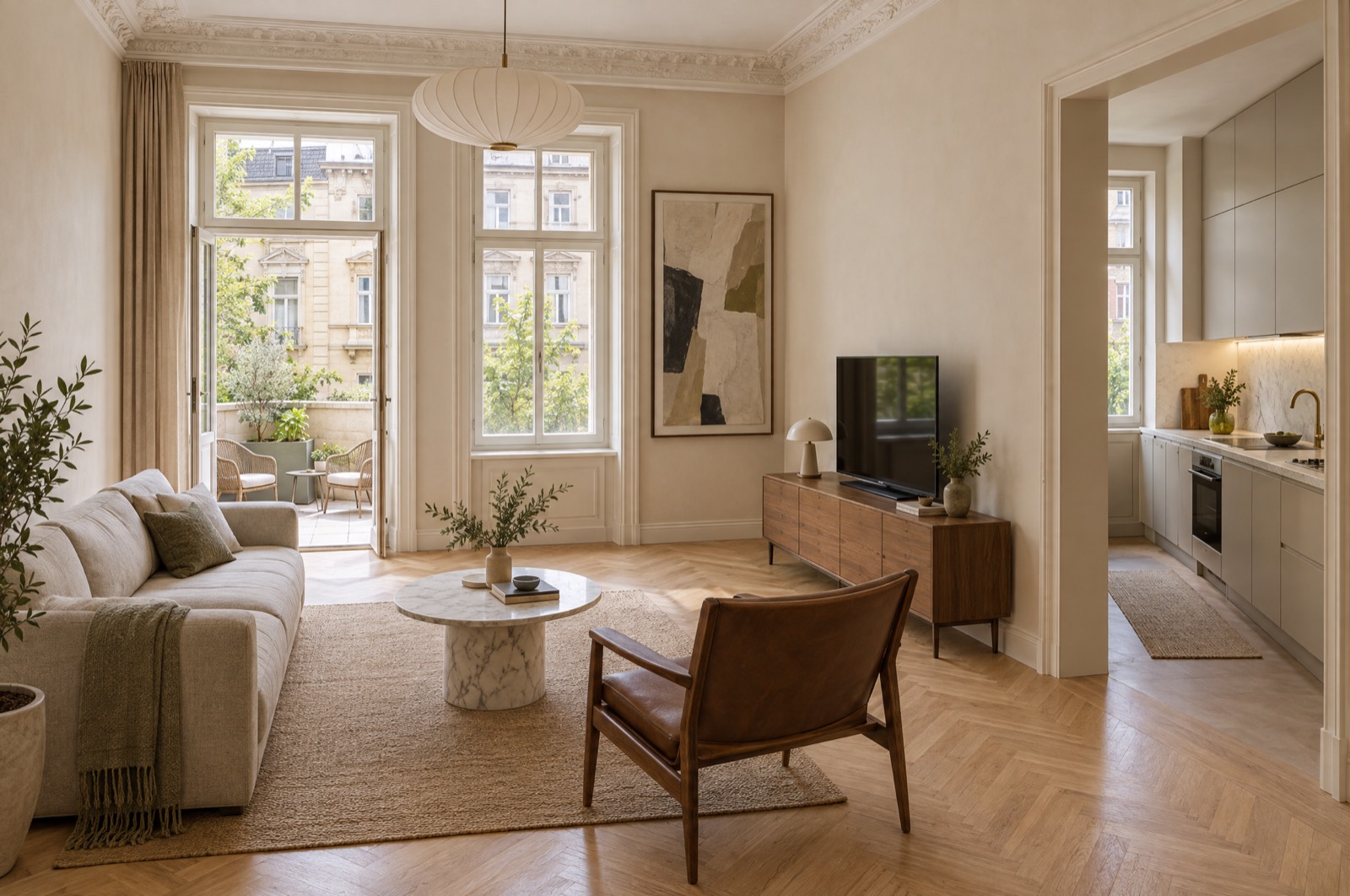 Compact living room with linen sofa, herringbone floor and two tall windows onto a small terrace