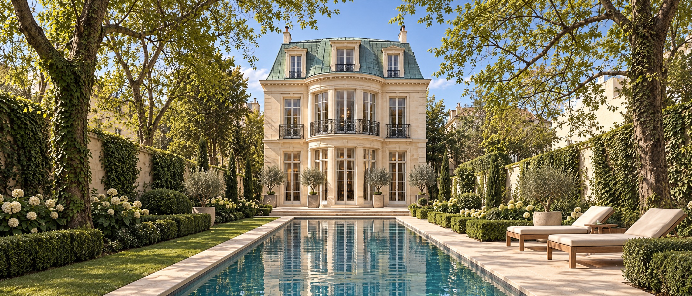 The villa seen down the length of a lap pool: a cream limestone façade with a curved bow window bay on both floors beneath a patinated copper mansard roof