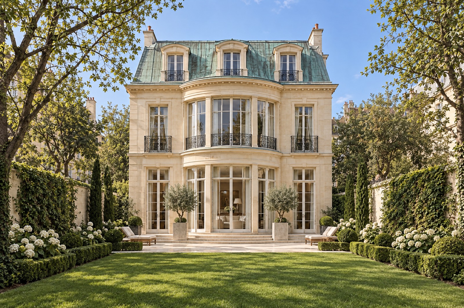 The villa's curved garden façade in cream limestone beneath a patinated copper mansard roof, seen across the walled garden