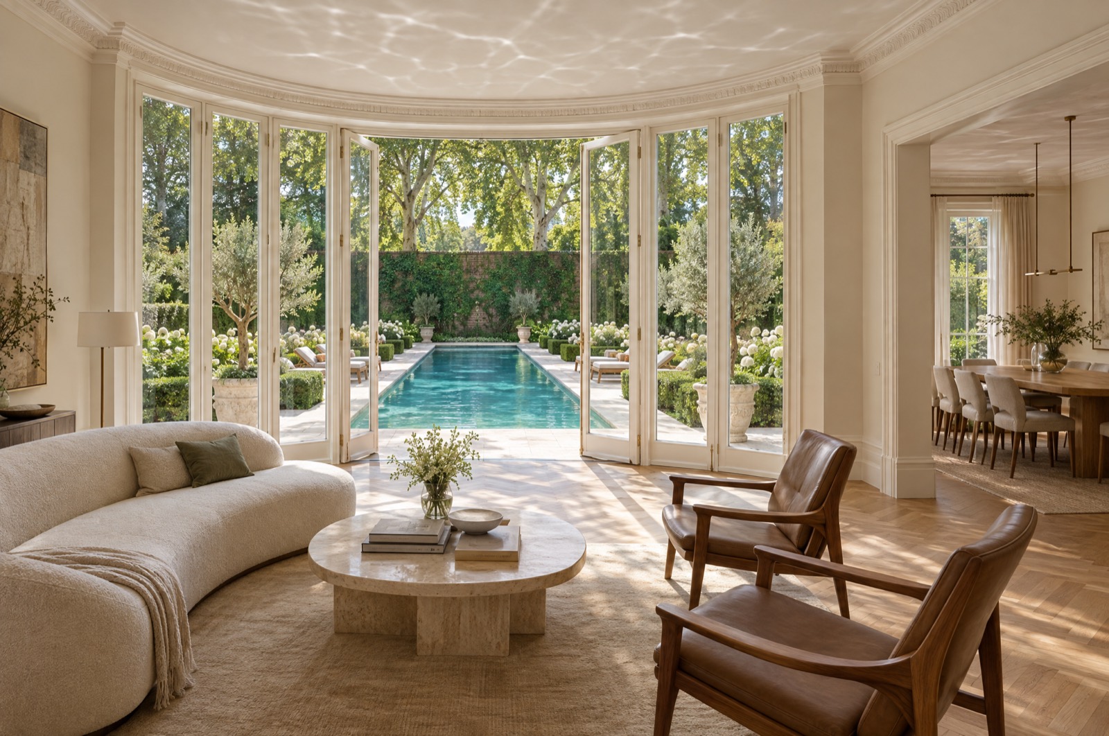 Reception room inside a curved bow window bay with glazed doors following the curve onto a garden