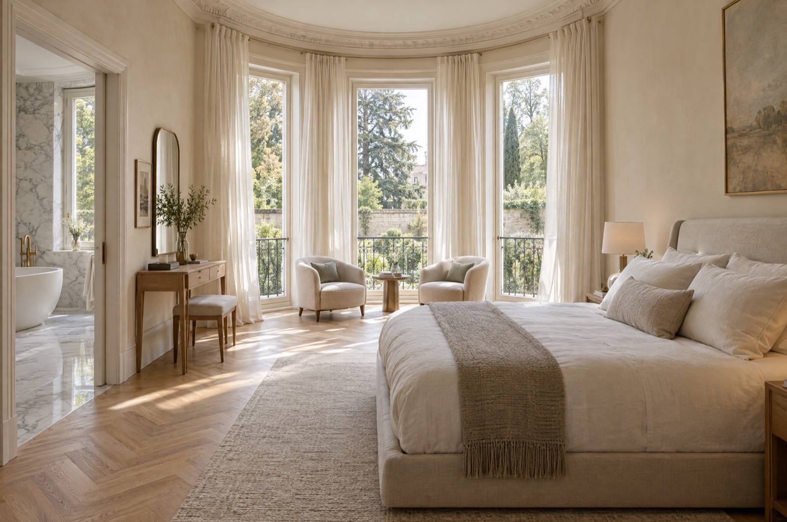 Principal bedroom set within a curved bay of three tall windows with a Juliet balcony over the garden