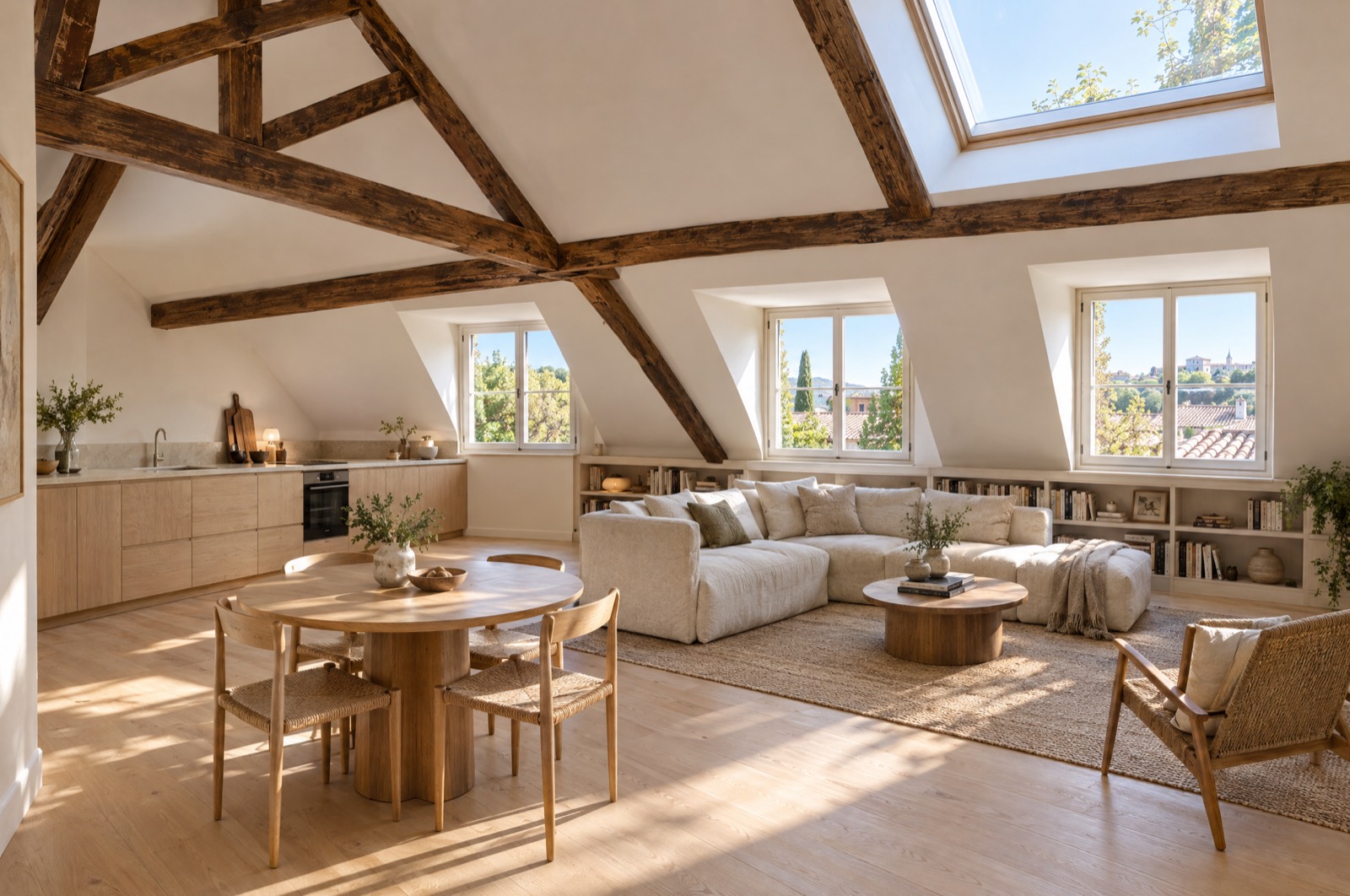 Attic living and kitchen under a mansard roof with dormer windows and exposed timber trusses