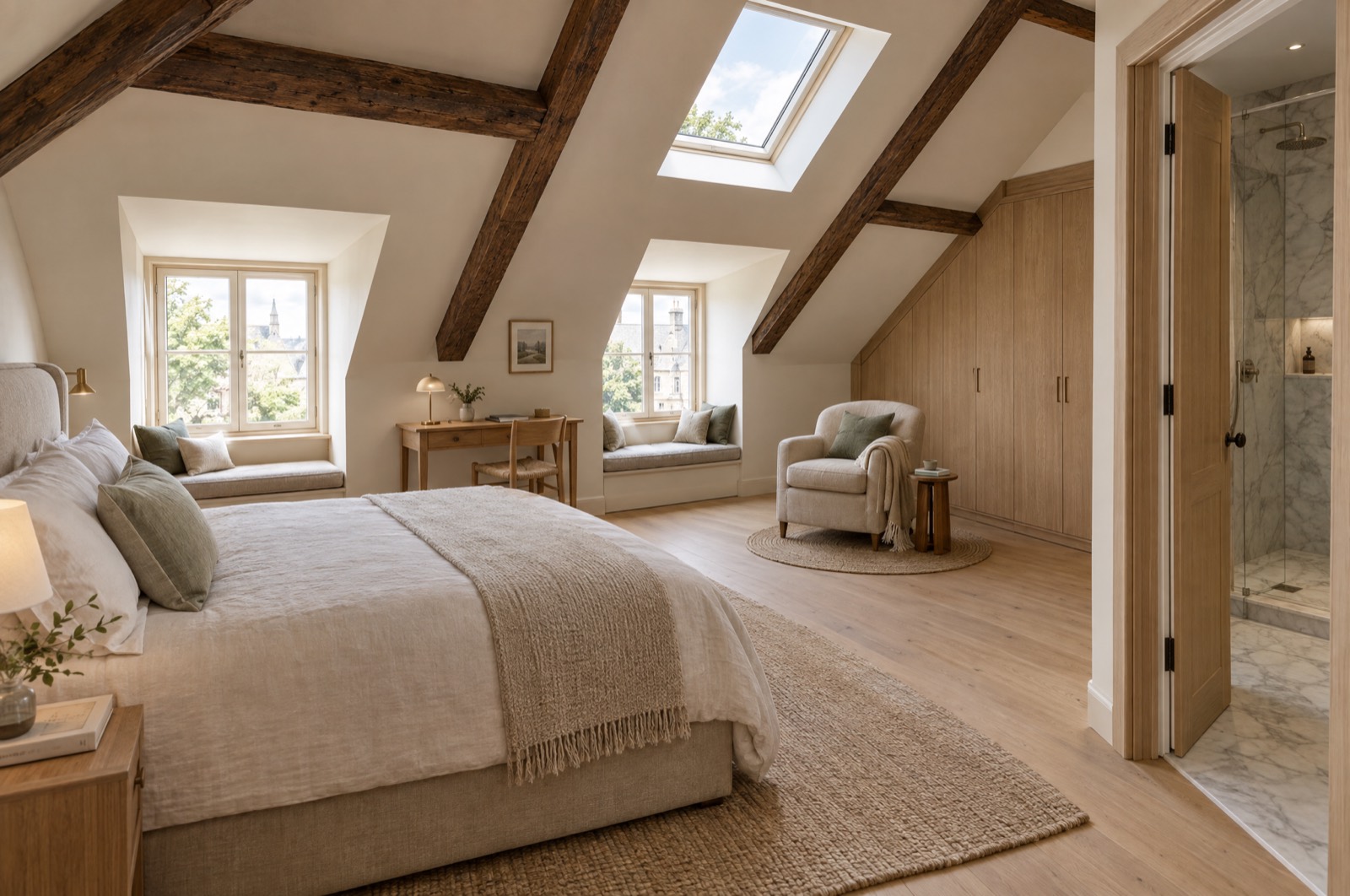Attic bedroom with two dormer windows, built-in window seats and exposed rafters